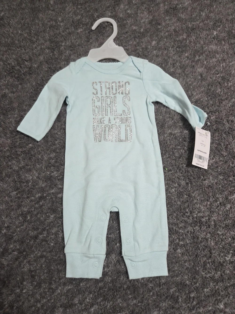 Carter's Light Blue Long-Sleeve One-Piece with 'Strong Girls' Glitter Detail